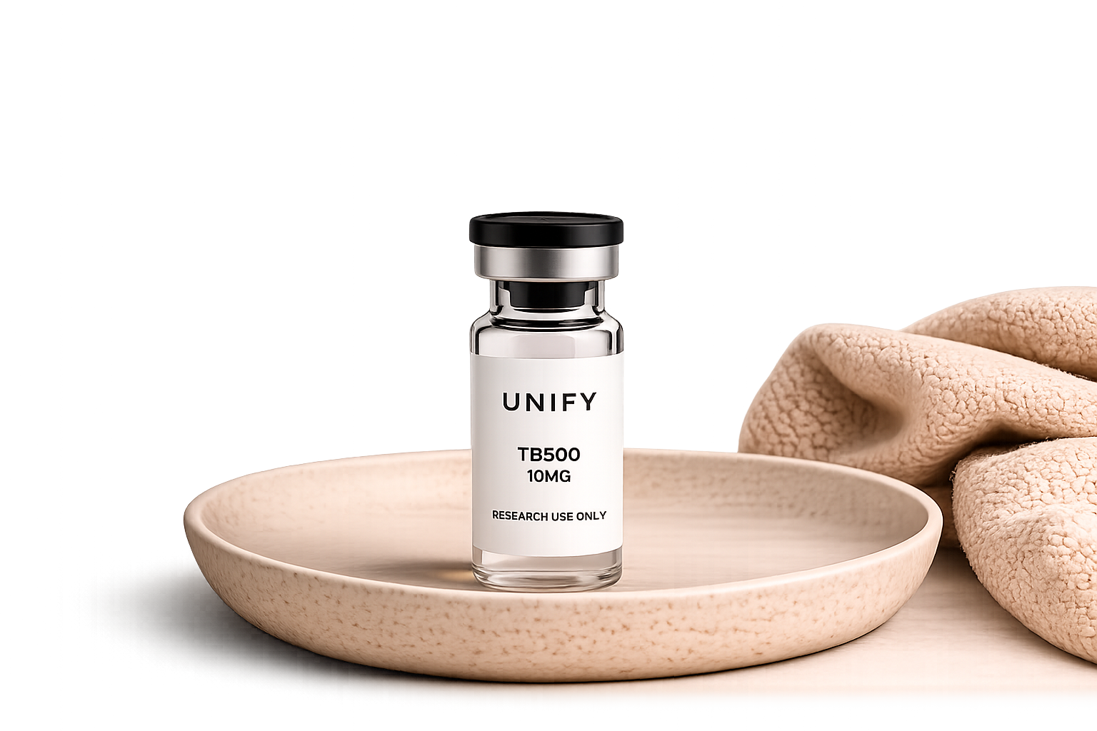 UNIFY TB500 research peptide vial on a ceramic dish